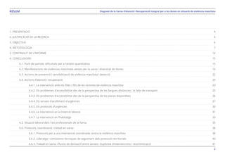2
Diagnosi de la Xarxa d’Atenció i Recuperació Integral per a les dones en situació de violència masclistaRESUM
1. PRESENTACIÓ	
2. JUSTIFICACIÓ DE LA RECERCA	
3. OBJECTIUS	
4. METODOLOGIA	
5. CONTINGUT DE L’INFORME	
6. CONCLUSIONS	
	 6.1. Punt de partida: dificultats per a l’anàlisi quantitativa	
	 6.2. Manifestacions de violències masclistes ateses per la xarxa i diversitat de dones	
	 6.3. Accions de prevenció i sensibilització de violència masclista i detecció	
	 6.4. Accions d’atenció i recuperació	
	 	 6.4.1. La intervenció amb les filles i fills de les víctimes de violència masclista	
	 	 6.4.2. Els problemes d’accessibilitat des de la perspectiva de les llargues distàncies i la falta de transport	
	 	 6.4.3. Els problemes d’accessibilitat des de la perspectiva de les places disponibles	
	 	 6.4.4. Els serveis d’acolliment d’urgències	
	 	 6.4.5. Els protocols d’urgències	
	 	 6.4.6. La intervenció en la inserció laboral	
	 	 6.4.7. La intervenció en l’habitatge	
	 6.5. Situació laboral dels i les professionals de la Xarxa	
	 6.6. Protocols, coordinació i treball en xarxa	
	 	 6.6.1. Protocols per a una intervenció coordinada contra la violència masclista	
	 	 6.6.2. Lideratge i comissions tècniques de seguiment dels protocols territorials	
	 	 6.6.3. Treball en xarxa i fluxos de derivació entre serveis: duplicitat d’intervencions i revictimització	
4
4
6
7
14
15
15
16
22
23
23
25
26
27
30
31
33
35
38
38
40
41
 