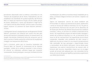 20
Diagnosi de la Xarxa d’Atenció i Recuperació Integral per a les dones en situació de violència masclistaRESUM
peculiaritat relacionada amb la violència comunitària en els
itineraris de recuperació de les dones. Especialment, tal com
estableixen els estàndards de qualitat específics del Protocol
Marc en relació als matrimonis forçats, s’ha de “vetllar perquè
les dones, adolescents o nenes que decideixin o hagin de fer
una ruptura amb les seves famílies i amb les seves comunitats,
puguin restaurar i/o substituir les seves relacions afectives i
socials”.
L’assetjament sexual o assetjament per raó de gènere en l’àmbit
laboral32
constitueix una violència que només s’ha atès pels
serveis de la Xarxa en comptades ocasions. En aquest sentit, cal
establir mecanismes d’interacció entre les actuacions que es
duen a terme en l’àmbit sindical (on el fenomen és àmpliament
conegut) i les intervencions de la Xarxa.
Com a conclusió, veiem que no s’assoliria l’estàndard del
Protocol Marc de “Garantir el coneixement de les diverses
tipologies i àmbits de la violència masclista” a tota la Xarxa.
En concret, no s’ofereixen suficients espais per compartir
coneixements, bones pràctiques i eines per a la detecció en les
32. Alt Pirineu i Arán: el 3% de les dones ateses al SIE han patit aquesta forma de VM (Dades
extretes de la Memòria del SIE Alt Pirineu i Aran de l’any 2014).
manifestacions de violència masclista menys treballades per la
Xarxa, a excepció d’alguns territoris com Girona i respecte a la
MGF i MF.
Segons els estàndards comuns de servei establerts pel
Protocol Marc en relació a la intervenció en dones, adolescents
i nenes en situació de violència masclista o en risc de patir-la,
els paràmetres d’actuació han de partir de les diversitats de
les dones per disminuir els efectes estructurals de la violència
masclista i, alhora, ha de tenir en compte la diversitat de les
dones i les especificitats pròpies de determinades tipologies i
àmbits de la violència masclista, és a dir, la intervenció de la
xarxa ha de ser interseccional. Les especificitats de les dones
camperoles, d’aquelles amb problemes de salut mental o
addiccions, les que es troben en una situació socioeconòmica
més vulnerable, les que pertanyen a determinades ètnies
o nacionalitats, de les dones més grans i de les dones joves
requereixen una atenció interseccional. No obstant això, la
limitació dels recursos disponibles implica que no es pugui
accedir als serveis més adequats per a les necessitats de les
dones en concret, fet que pot significar que la dona experimenti
una doble discriminació.
 