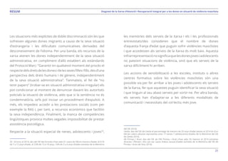21
Diagnosi de la Xarxa d’Atenció i Recuperació Integral per a les dones en situació de violència masclistaRESUM
Les situacions més explícites de doble discriminació són les que
sofreixen algunes dones migrants a causa de la seva situació
d’estrangeria i les dificultats comunicatives derivades del
desconeixement de l’idioma. Per una banda, els recursos de la
xarxa atenen les dones independentment de la seva situació
administrativa, en compliment d’allò establert als estàndards
del Protocol Marc: “Garantir en qualsevol moment del procés el
respectedelsdretsdelesdonesidelessevesfillesifills,desd’una
perspectiva dels drets humans i de gènere, independentment
de la seva situació administrativa”. Tanmateix, el fet de “no
tenir papers” (trobar-se en situació administrativa irregular) els
pot condicionar al moment de denunciar davant les autoritats
policials la situació de violència, atès que si la sentència no és
condemnatòria, se’ls pot incoar un procediment d’expulsió. A
més, els impedeix accedir a les prestacions socials (com per
exemple la RAI) i, per tant, a recursos econòmics que facilitin
la seva independència. Finalment, la manca de competències
lingüístiques provoca moltes vegades impossibilitat de prestar
assistència psicològica.
Respecte a la situació especial de nenes, adolescents i joves33
,
33. Girona: el 2014, des del SIE del Gironès s’han atès 61 casos de VM en menors d’edat: el 61%
de 7 a 12 anys d’edat, el 23% de 13 a 18 anys, 16% de 3 a 6 anys (Dades extretes de la Memòria
les memòries dels serveis de la Xarxa i els i les professionals
entrevistats/des consideren que el nombre de dones
d’aquesta franja d’edat que puguin sofrir violències masclistes
i que accedeixen als serveis de la Xarxa és molt baix. Aquesta
infrarrepresentaciónosignificaquelesdonesjovesiadolescents
no pateixin situacions de violència, sinó que els serveis de la
xarxa difícilment hi arriben.
Les accions de sensibilització a les escoles, instituts o altres
centres formatius sobre les violències masclistes són una
possible via per fer arribar a les joves i adolescents els serveis
de la Xarxa, fer que aquestes puguin identificar la seva situació
i que tinguin al seu abast serveis per sortir-ne. Per altra banda,
els serveis han d’adaptar-se a les diferents modalitats de
comunicació i necessitats del col·lectiu més jove.
del SIE 2014).
Lleida: des del SIE de Lleida el percentatge de menors de 20 anys d’edat ateses al 2014 és d’un
6% (en valors absolut representa unes 17 nenes 7 adolescents) (Dades de la Memòria del SIE
de Lleida 2014).
Alt Pirineu i Aran: des del SIE de l’Alt Pirineu i Aran s’han atès 26 menors al 2014 (víctimes
directes i fills/es) i dos van ser casos d’abús sexual (Dades extretes de la Memòria del SIE Alt
Pirineu i Aran de l’any 2014).
 