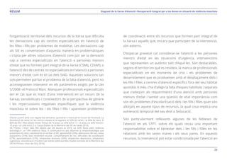 24
Diagnosi de la Xarxa d’Atenció i Recuperació Integral per a les dones en situació de violència masclistaRESUM
l’organització territorial dels recursos de la Xarxa que dificulta
les derivacions cap als centres especialitzats en l’atenció de
les filles i fills per problemes de mobilitat. Les derivacions cap
als SIE es converteixen d’aquesta manera en problemàtiques
i s’opta per altres solucions d’atenció com pot ser la derivació
cap a centres especialitzats en l’atenció a persones menors
d’edat que no formen part integral de la Xarxa (CSMIJ, CDIAP), o
l’atenció des de centres no especialitzats en l’atenció a persones
menors d’edat com és el cas dels SIAD. Aquestes solucions tan
sols permeten pal·liar el problema de la falta d’atenció, però no
aconsegueixen intervenir en els paràmetres exigits per la Llei
5/2008 i el Protocol Marc. Manquen professionals especialitzats
(en el cas que es tracti d’una intervenció en un recurs de la
Xarxa), sensibilitzats i coneixedors de la perspectiva de gènere
i les repercussions negatives específiques que la violència
masclista té sobre les i els filles i fills i apareixen problemes
infanto juvenil amb una regularitat setmanal, quinzenal o mensual en funció de l’evolució. La
distribució de sexes en les menors ateses és la següent: el 56% de nenes i el 44% de nens. El
86% de fills i filles ateses tenien menys de 16 anys: un 36% entre 11 i 15 anys, un 36% entre 8 i
10 anys i un 24% entre 5 a 7 anys (Dades de la Memòria del SIE de Lleida 2014).
Alt Pirineu i Aran: dels fills atesos pel SIE durant el 2014, un 92% havia patit violència
psicològica i un 19% violència física. A continuació es pot observar la simptomatologia que
presenten els nens i adolescents en arribar al SIE: agressivitat (23%), alteracions del son, baixa
autoestima (31%), baix rendiment escolar, comportament de risc, dificultats de socialització
(27%), parentalització (31%), símptomes ansiosos (54%), símptomes depressius, símptomes
regressius, somatització i trastorn per estrès posttraumàtic (Dades extretes de la Memòria del
SIE Alt Pirineu i Aran de l’any 2014).
de coordinació entre els recursos que formen part integral de
la Xarxa i aquells que, encara que participen de la intervenció,
són externs.
D’especial gravetat cal considerar-se l’atenció a les persones
menors d’edat en les situacions d’urgència, intervencions
que representen un autèntic taló d’Aquil·les. Són destacables,
segons el territori en què es resideix, la manca de professionals
especialitzats en els moments de crisi i els problemes de
desarrelament que es produeixen amb el desplaçament dels i
les fills i filles a centres d’atenció específics fora del seu hàbitat
quotidià. A més, s’ha d’afegir la falta d’espais habilitats i separats
que s’adeqüin als requeriments d’una atenció amb persones
menors d’edat i també una qüestió de vital importància com
són els problemes d’escolarització dels i les fills i filles quan són
allotjats en aquest tipus de recursos, la qual cosa implica una
vulneració temporal del seu dret a l’educació.
Són particularment rellevants algunes de les febleses de
l’atenció en els STPT, sobre els quals recau una important
responsabilitat sobre el benestar dels i les fills i filles en les
relacions amb les seves mares i els seus pares. En aquests
recursos, la intervenció pot estar condicionada per l’atenció en
 