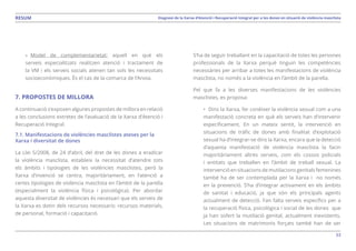 53
Diagnosi de la Xarxa d’Atenció i Recuperació Integral per a les dones en situació de violència masclistaRESUM
»» Model de complementarietat: aquell en què els
serveis especialitzats realitzen atenció i tractament de
la VM i els serveis socials atenen tan sols les necessitats
socioeconòmiques. És el cas de la comarca de l’Anoia.
7. PROPOSTES DE MILLORA
A continuació s’exposen algunes propostes de millora en relació
a les conclusions extretes de l’avaluació de la Xarxa d’Atenció i
Recuperació Integral.
7.1. Manifestacions de violències masclistes ateses per la
Xarxa i diversitat de dones
La Llei 5/2008, de 24 d’abril, del dret de les dones a eradicar
la violència masclista, estableix la necessitat d’atendre tots
els àmbits i tipologies de les violències masclistes, però la
Xarxa d’invenció se centra, majoritàriament, en l’atenció a
certes tipologies de violència masclista en l’àmbit de la parella
(especialment la violència física i psicològica). Per abordar
aquesta diversitat de violències és necessari que els serveis de
la Xarxa es dotin dels recursos necessaris: recursos materials,
de personal, formació i capacitació.
S’ha de seguir treballant en la capacitació de totes les persones
professionals de la Xarxa perquè tinguin les competències
necessàries per arribar a totes les manifestacions de violència
masclista, no només a la violència en l’àmbit de la parella.
Pel que fa a les diverses manifestacions de les violències
masclistes, es proposa:
•	 Dins la Xarxa, fer conèixer la violència sexual com a una
manifestació concreta en què els serveis han d’intervenir
específicament. En un mateix sentit, la intervenció en
situacions de tràfic de dones amb finalitat d’explotació
sexual ha d’integrar-se dins la Xarxa, encara que la detecció
d’aquesta manifestació de violència masclista la facin
majoritàriament altres serveis, com els cossos policials
i entitats que treballen en l’àmbit de treball sexual. La
intervenció en situacions de mutilacions genitals femenines
també ha de ser contemplada per la Xarxa i  no només
en la prevenció. S’ha d’integrar activament en els àmbits
de sanitat i educació, ja que són els principals agents
actualment de detecció. Fan falta serveis específics per a
la recuperació física, psicològica i social de les dones  que
ja han sofert la mutilació genital, actualment inexistents.
Les situacions de matrimonis forçats també han de ser
 