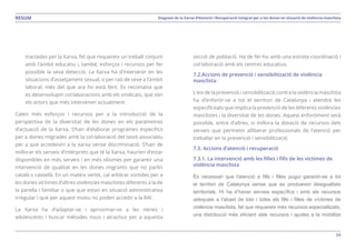 54
Diagnosi de la Xarxa d’Atenció i Recuperació Integral per a les dones en situació de violència masclistaRESUM
tractades per la Xarxa, fet que requereix un treball conjunt
amb l’àmbit educatiu i, també, esforços i recursos per fer
possible la seva detecció. La Xarxa ha d’intervenir en les
situacions d’assetjament sexual, o per raó de sexe a l’àmbit
laboral, més del que ara ho està fent. Es recomana que
es desenvolupin col·laboracions amb els sindicats, que són
els actors que més intervenen actualment.  
Calen més esforços i recursos per a la introducció de la
perspectiva de la diversitat de les dones en els paràmetres
d’actuació de la Xarxa. S’han d’elaborar programes específics
per a dones migrades amb la col·laboració del teixit associatiu
per a que accedeixin a la xarxa sense discriminació. S’han de
millorar els serveis d’intèrprets que té la Xarxa, haurien d’estar
disponibles en més serveis i en més idiomes per garantir una
intervenció de qualitat en les dones migrants que no parlin
català o castellà. En un mateix sentit, cal arbitrar sortides per a
les dones víctimes d’altres violències masclistes diferents a la de
la parella i familiar o que que estan en situació administrativa
irregular i que per aquest motiu no poden accedir a la RAI .
La Xarxa ha d’adaptar-se i aproximar-se a les nenes i
adolescents i buscar mètodes nous i atractius per a aquesta
secció de població. Ha de fer-ho amb una estreta coordinació i
col·laboració amb els centres educatius.
7.2.Accions de prevenció i sensibilització de violència
masclista
L’eix de la prevenció i sensibilització contra la violència masclista
ha d’enfortir-se a tot el territori de Catalunya i atendre les
especificitats que implica la prevenció de les diferents violències
masclistes i la diversitat de les dones. Aquest enfortiment serà
possible, entre d’altres, si millora la dotació de recursos dels
serveis que permetin alliberar professionals de l’atenció per
treballar en la prevenció i sensibilització.
7.3. Accions d’atenció i recuperació
7.3.1. La intervenció amb les filles i fills de les víctimes de
violència masclista
És necessari que l'atenció a fills i filles pugui garantir-se a tot
el territori de Catalunya sense que es produeixin desigualtats
territorials. Hi ha d’haver serveis específics i amb els recursos
adequats a l'abast de tots i totes els fills i filles de víctimes de
violència masclista, fet que requereix més recursos especialitzats,
una distribució més eficient dels recursos i ajudes a la mobilitat
 