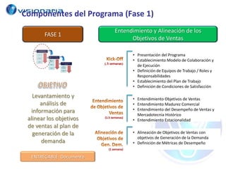 Componentes del Programa (Fase 1)
                                 Entendimiento y Alineación de los
        FASE 1
                                       Objetivos de Ventas

                                          • Presentación del Programa
                                          • Establecimiento Modelo de Colaboración y
                          (.5 semanas)
                                            de Ejecución
                                          • Definición de Equipos de Trabajo / Roles y
                                            Responsabilidades
                                          • Establecimiento del Plan de Trabajo
                                          • Definición de Condiciones de Satisfacción

   Levantamiento y                        • Entendimiento Objetivos de Ventas
      análisis de                         • Entendimiento Madurez Comercial
  información para                        • Entendimiento del Desempeño de Ventas y
                                            Mercadotecnia Histórico
 alinear los objetivos    (1.5 semanas)
                                          • Entendimiento Estacionalidad
 de ventas al plan de
   generación de la                       • Alineación de Objetivos de Ventas con
                                            objetivos de Generación de la Demanda
      demanda                             • Definición de Métricas de Desempeño
                            (1 semana)

  ENTREGABLE: Documento
 