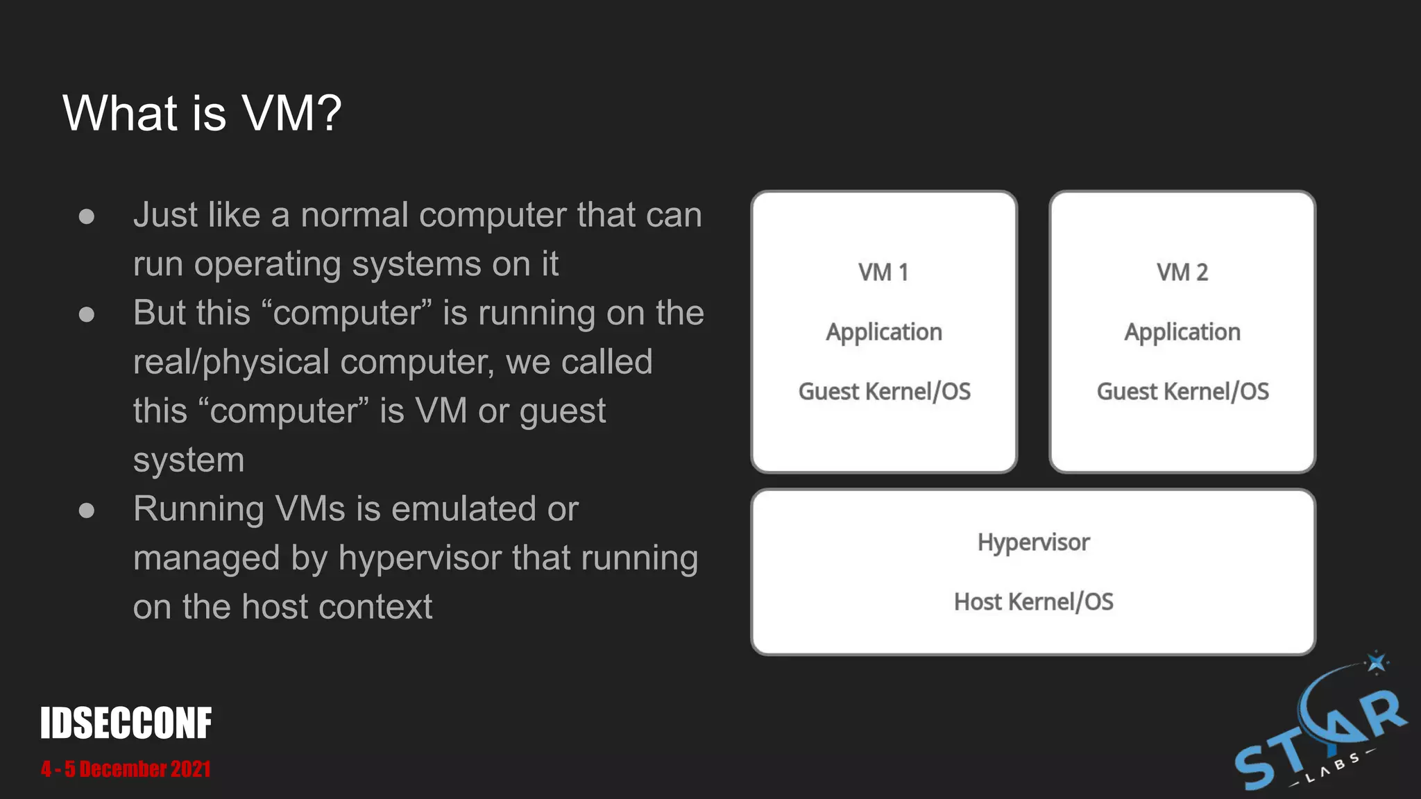 What is VM?
IDSECCONF
4 - 5 December 2021
● Just like a normal computer that can
run operating systems on it
● But this “computer” is running on the
real/physical computer, we called
this “computer” is VM or guest
system
● Running VMs is emulated or
managed by hypervisor that running
on the host context
 