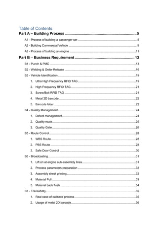Table of Contents
Part A – Building Process ....................................................................5
A1 - Process of building a passenger car ....................................................................... 5
A2 - Building Commercial Vehicle .................................................................................. 9
A3 - Process of building an engine ................................................................................11
Part B – Business Requirement.........................................................13
B1 - Punch & PMC ........................................................................................................13
B2 - Welding & Order Release ......................................................................................16
B3 - Vehicle Identification..............................................................................................19
1. Ultra High Frequency RFID TAG......................................................................19
2. High Frequency RFID TAG ..............................................................................21
3. Screw/Bolt RFID TAG ......................................................................................21
4. Metal 2D barcode.............................................................................................22
5. Barcode label...................................................................................................22
B4 - Quality Management..............................................................................................24
1. Defect management.........................................................................................24
2. Quality route.....................................................................................................25
3. Quality Gate.....................................................................................................26
B5 - Route Control.........................................................................................................28
1. WBS Route ......................................................................................................28
2. PBS Route .......................................................................................................28
3. Safe Door Control ............................................................................................30
B6 - Broadcasting..........................................................................................................31
1. Lift on at engine sub-assembly lines.................................................................31
2. Process parameters preparation ......................................................................32
3. Assembly sheet printing ...................................................................................32
4. Material Pull .....................................................................................................33
5. Material back flush ...........................................................................................34
B7 - Traceability ............................................................................................................35
1. Real case of callback process..........................................................................35
2. Usage of metal 2D barcode..............................................................................36
 
