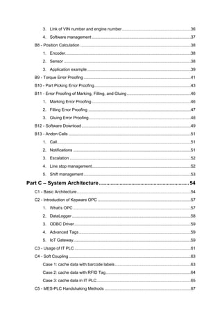 3. Link of VIN number and engine number ...........................................................36
4. Software management .....................................................................................37
B8 - Position Calculation ...............................................................................................38
1. Encoder............................................................................................................38
2. Sensor .............................................................................................................38
3. Application example .........................................................................................39
B9 - Torque Error Proofing ............................................................................................41
B10 - Part Picking Error Proofing...................................................................................43
B11 - Error Proofing of Marking, Filling, and Gluing.......................................................46
1. Marking Error Proofing .....................................................................................46
2. Filling Error Proofing ........................................................................................47
3. Gluing Error Proofing........................................................................................48
B12 - Software Download..............................................................................................49
B13 - Andon Calls .........................................................................................................51
1. Call...................................................................................................................51
2. Notifications .....................................................................................................51
3. Escalation ........................................................................................................52
4. Line stop management.....................................................................................52
5. Shift management............................................................................................53
Part C – System Architecture.............................................................54
C1 - Basic Architecture..................................................................................................54
C2 - Introduction of Kepware OPC ................................................................................57
1. What’s OPC .....................................................................................................57
2. DataLogger ......................................................................................................58
3. ODBC Driver....................................................................................................59
4. Advanced Tags ................................................................................................59
5. IoT Gateway.....................................................................................................59
C3 - Usage of IT PLC....................................................................................................61
C4 - Soft Coupling.........................................................................................................63
Case 1: cache data with barcode labels .................................................................63
Case 2: cache data with RFID Tag.........................................................................64
Case 3: cache data in IT PLC.................................................................................65
C5 - MES-PLC Handshaking Methods ..........................................................................67
 