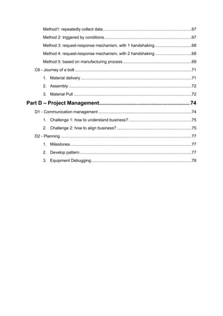 Method1: repeatedly collect data............................................................................67
Method 2: triggered by conditions...........................................................................67
Method 3: request-response mechanism, with 1 handshaking ...............................68
Method 4: request-response mechanism, with 2 handshaking ...............................68
Method 5: based on manufacturing process...........................................................69
C6 - Journey of a bolt ....................................................................................................71
1. Material delivery...............................................................................................71
2. Assembly .........................................................................................................72
3. Material Pull .....................................................................................................72
Part D – Project Management.............................................................74
D1 - Communication management ................................................................................74
1. Challenge 1: how to understand business?......................................................75
2. Challenge 2: how to align business? ................................................................75
D2 - Planning ................................................................................................................77
1. Milestones........................................................................................................77
2. Develop pattern................................................................................................77
3. Equipment Debugging......................................................................................78
 