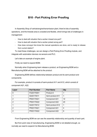 B10 - Part Picking Error Proofing
In Assembly Shop of vehicle/engine/transmission plant, there’re lots of assembly
operations, and the lineside area is crowded and flexible, which brings lots of challenges in
management:
- How to deal with situation that a worker missed one part?
- How to deal with situation that a worker picked wrong part?
- How does conveyor line know the manual operations are done, and is ready to release
from current station?
To meet these challenges, we can design a Part Picking Error Proofing module, and
integrate with automation devices via sensors and PLC.
Let’s take an example of engine plant.
Firstly we need to expand BOM.
Normally when Engineering team release a product, an Engineering BOM and a
Manufacturing BOM will be attached to the product.
Engineering BOM defines relationship between product and its semi-product and
components.
For example, product A consists of semi-product A11 and A12, which consist of
component A21, A22:
Layer Part Number Part Name Qty
0 FG20170001 Product A 1
1 SA20170011 Semi-product A11 1
2 PR20170021 Component A21 10
2 PR20170022 Component A22 20
1 SA20170012 Semi-product A12 1
2 PR20170021 Component A21 4
2 PR20170022 Component A22 6
From Engineering BOM we can see the assembly relationship and quantity of each part.
But from point view of manufacturing, Engineering BOM is not detailed enough, so
normally we need to expand it to Manufacturing BOM.
 