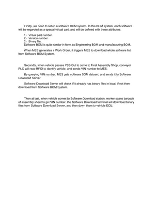 Firstly, we need to setup a software BOM system. In this BOM system, each software
will be regarded as a special virtual part, and will be defined with these attributes:
1) Virtual part number.
2) Version number.
3) Binary file.
Software BOM is quite similar in form as Engineering BOM and manufacturing BOM.
When MES generates a Work Order, it triggers MES to download whole software list
from Software BOM System.
Secondly, when vehicle passes PBS Out to come to Final Assembly Shop, conveyor
PLC will read RFID to identify vehicle, and sends VIN number to MES.
By querying VIN number, MES gets software BOM dataset, and sends it to Software
Download Server.
Software Download Server will check if it already has binary files in local, if not then
download from Software BOM System.
Then at last, when vehicle comes to Software Download station, worker scans barcode
of assembly sheet to get VIN number, the Software Download terminal will download binary
files from Software Download Server, and then down them to vehicle ECU.
 