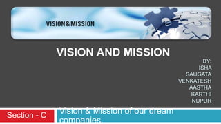 BY: 
ISHA 
SAUGATA 
VENKATESH 
AASTHA 
KARTHI 
NUPUR 
VISION AND MISSION 
Vision & Mission of our dream 
companies. 
Section - C 
 