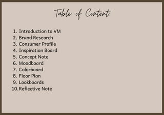 Table of Content
Introduction to VM
Brand Research
Consumer Profile
Inspiration Board
Concept Note
Moodboard
Colorboard
Floor Plan
Lookboards
Reflective Note
1.
2.
3.
4.
5.
6.
7.
8.
9.
10.
 