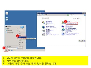 3




          2




1



1.   VM의 윈도우 ‘시작’을 클릭합니다.
2.   제어판을 클릭합니다.
3.   ‘사용자 계정 추가 또는 제거’ 링크를 클릭합니다.
 