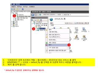 1




                             2




                                                      3




1.     ‘서버관리자’ 좌측 트리에서 역할 > 웹서버(IIS) > IIS(인터넷 정보 서비스) 를 클릭
2.     WINDOWS-*** > 사이트 > default_ftp 를 선택한 후 오른쪽 마우스 버튼을 클릭합니다.
3.     ‘제거’ 를 선택 합니다.

     * default_ftp 가 없다면 본페이지는 생략해도 됩니다.
 