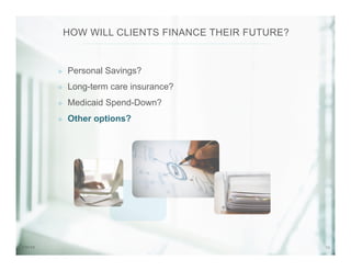 137/31/14
²  Personal Savings?
²  Long-term care insurance?
²  Medicaid Spend-Down?
²  Other options?
HOW WILL CLIENTS FINANCE THEIR FUTURE?
 