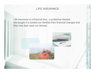 147/31/14
Life insurance is a financial tool…a protective blanket.
We bought it to protect our families from financial changes that
they may face upon our demise.

LIFE INSURANCE
 