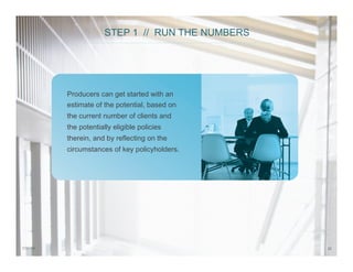 327/31/14
STEP 1 // RUN THE NUMBERS
Producers can get started with an
estimate of the potential, based on
the current number of clients and
the potentially eligible policies
therein, and by reflecting on the
circumstances of key policyholders.
 