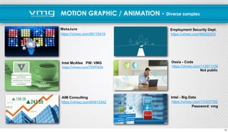 MOTION GRAPHIC / ANIMATION - Diverse samples 
MetaJure 
https://vimeo.com/96115419 https://vimeo.com/99252303 
Intel McAfee PW: VMG 
AIM Consulting 
Employment Security Dept. 
Ossia - Coda 
https://vimeo.com/112671109 
Intel - Big Data 
https://vimeo.com/111037762 
Password: vmg 
https://vimeo.com/75597656 
https://vimeo.com/84913342 
Not public 
10 
 