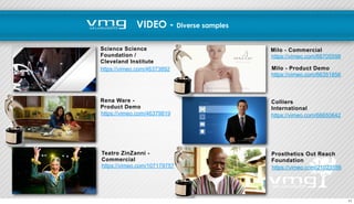 VIDEO - Diverse samples 
Science Science 
Foundation / 
Cleveland Institute 
https://vimeo.com/46373892 
Rena Ware - 
Product Demo 
Milo - Commercial 
https://vimeo.com/68705598 
Milo - Product Demo 
https://vimeo.com/66351856 
Colliers 
International 
https://vimeo.com/66650642 
Prosthetics Out Reach 
Foundation 
https://vimeo.com/21023556 
https://vimeo.com/46379819 
Teatro ZinZanni - 
Commercial 
https://vimeo.com/107179757 
11 
 