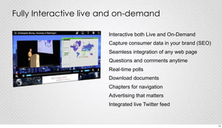 Fully Interactive live and on-demand 
Interactive both Live and On-Demand 
Capture consumer data in your brand (SEO) 
Seamless integration of any web page 
Questions and comments anytime 
Real-time polls 
Download documents 
Chapters for navigation 
Advertising that matters 
Integrated live Twitter feed 
14 
 