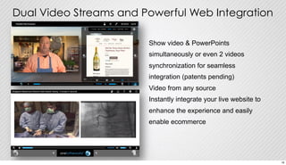 Dual Video Streams and Powerful Web Integration 
Show video & PowerPoints 
simultaneously or even 2 videos 
synchronization for seamless 
integration (patents pending) 
Video from any source 
Instantly integrate your live website to 
enhance the experience and easily 
enable ecommerce 
16 
 