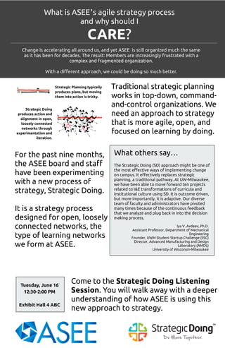 What is ASEE’s agile strategy process
and why should I
CARE?
Change is accelerating all around us, and yet ASEE is still organized much the same
as it has been for decades. The result: Members are increasingly frustrated with a
complex and fragmented organization.
With a di!erent approach, we could be doing so much better.
Traditional strategic planning
works in top-down, command-
and-control organizations. We
need an approach to strategy
that is more agile, open, and
focused on learning by doing.
For the past nine months,
the ASEE board and sta!
have been experimenting
with a new process of
strategy, Strategic Doing.
It is a strategy process
designed for open, loosely
connected networks, the
type of learning networks
we form at ASEE.
Come to the Strategic Doing Listening
Session. You will walk away with a deeper
understanding of how ASEE is using this
new approach to strategy.
The Strategic Doing (SD) approach might be one of
the most e!ective ways of implementing change
on campus. It e!ectively replaces strategic
planning, a traditional pathway. At UW-Milwaukee,
we have been able to move forward ten projects
related to I&E transformations of curricula and
institutional culture using SD. It is outcome driven,
but more importantly, it is adaptive. Our diverse
team of faculty and administrators have pivoted
many times because of the continuous feedback
that we analyze and plug back in into the decision
making process.
lya V. Avdeev, Ph.D.
Assistant Professor, Department of Mechanical
Engineering
Founder, UWM Student Startup Challenge (SSC)
Director, Advanced Manufacturing and Design
Laboratory (AMDL)
University of Wisconsin-Milwaukee
What others say…
Tuesday, June 16
12:30-2:00 PM
Exhibit Hall 4 ABC
Strategic Planning typically
produces plans, but moving
them into action is tricky.
Strategic Doing
produces action and
alignment in open,
loosely connected
networks through
experimentation and
iteration.
 