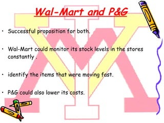 Wal-Mart and P&G Successful proposition for both. Wal-Mart could monitor its stock levels in the stores constantly . identify the items that were moving fast.  P&G could also lower its costs.  
