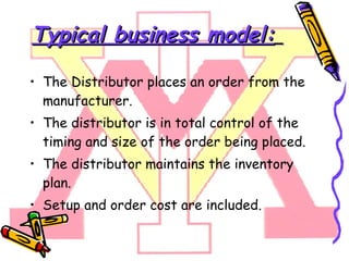 Typical business model:   The Distributor places an order from the manufacturer. The distributor is in total control of the timing and size of the order being placed. The distributor maintains the inventory plan.  Setup and order cost are included. 