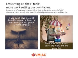 Less sitting at ‘their’ table,
more work setting our own tables.
As consumers/survivors, let’s spend less time sitting at ...