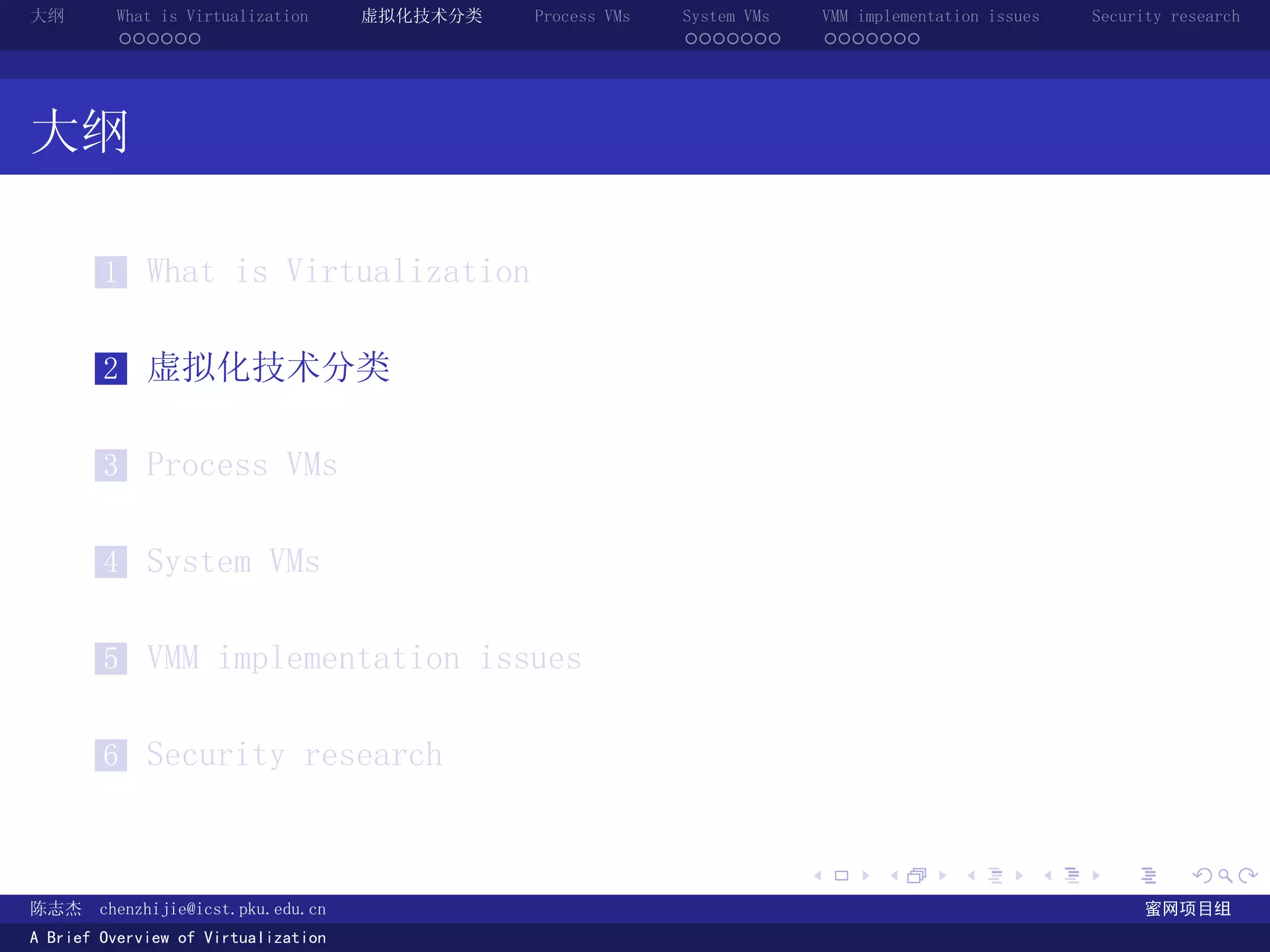 大纲       What is Virtualization      虚拟化技术分类   Process VMs   System VMs       VMM implementation issues   Security research
         ......                                              .......          .......




大纲

        1 What is Virtualization


        2 虚拟化技术分类


        3 Process VMs


        4 System VMs


        5 VMM implementation issues


        6 Security research


                                                                          .          .       .        .     .        .

陈志杰     chenzhijie@icst.pku.edu.cn                                                                              蜜网项目组
A Brief Overview of Virtualization
 