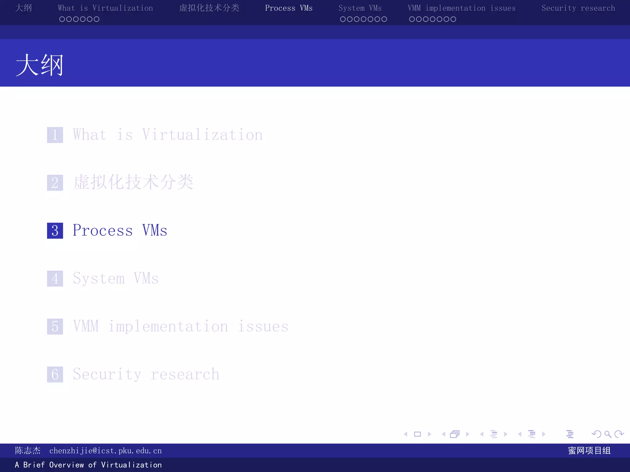 大纲       What is Virtualization      虚拟化技术分类   Process VMs   System VMs       VMM implementation issues   Security research
         ......                                              .......          .......




大纲

        1 What is Virtualization


        2 虚拟化技术分类


        3 Process VMs


        4 System VMs


        5 VMM implementation issues


        6 Security research


                                                                          .          .       .        .     .        .

陈志杰     chenzhijie@icst.pku.edu.cn                                                                              蜜网项目组
A Brief Overview of Virtualization
 
