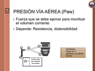 PRESIÒN VÌA AÈREA (Paw)
›  Fuerza que se debe ejercer para movilizar
el volumen corriente.
›  Depende: Resistencia, distensibilidad
•  Ventilador
•  Pieza en Y
•  Apertura vía aérea
•  Carina
 