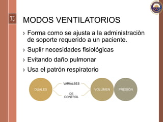 MODOS VENTILATORIOS
›  Forma como se ajusta a la administraciòn
de soporte requerido a un paciente.
›  Suplir necesidades fisiológicas
›  Evitando daño pulmonar
›  Usa el patrón respiratorio
DUALES
VARIALBES
DE
CONTROL
VOLUMEN PRESIÒN
 
