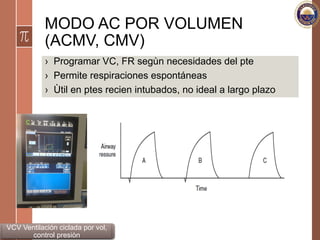 MODO AC POR VOLUMEN
(ACMV, CMV)
›  Programar VC, FR segùn necesidades del pte
›  Permite respiraciones espontáneas
›  Ùtil en ptes recien intubados, no ideal a largo plazo
VCV Ventilación ciclada por vol,
control presiòn
 