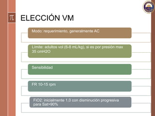 ELECCIÓN VM
Modo: requerimiento, generalmente AC
Límite: adultos vol (6-8 mL/kg), si es por presión max
35 cmH2O
Sensibilidad
FR 10-15 rpm
FiO2: inicialmente 1,0 con disminución progresiva
para Sat>90%
 