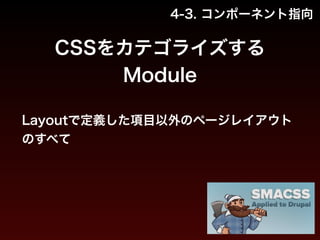 4-3. コンポーネント指向 
CSSをカテゴライズする 
Module 
Layoutで定義した項目以外のページレイアウト 
のすべて 
 