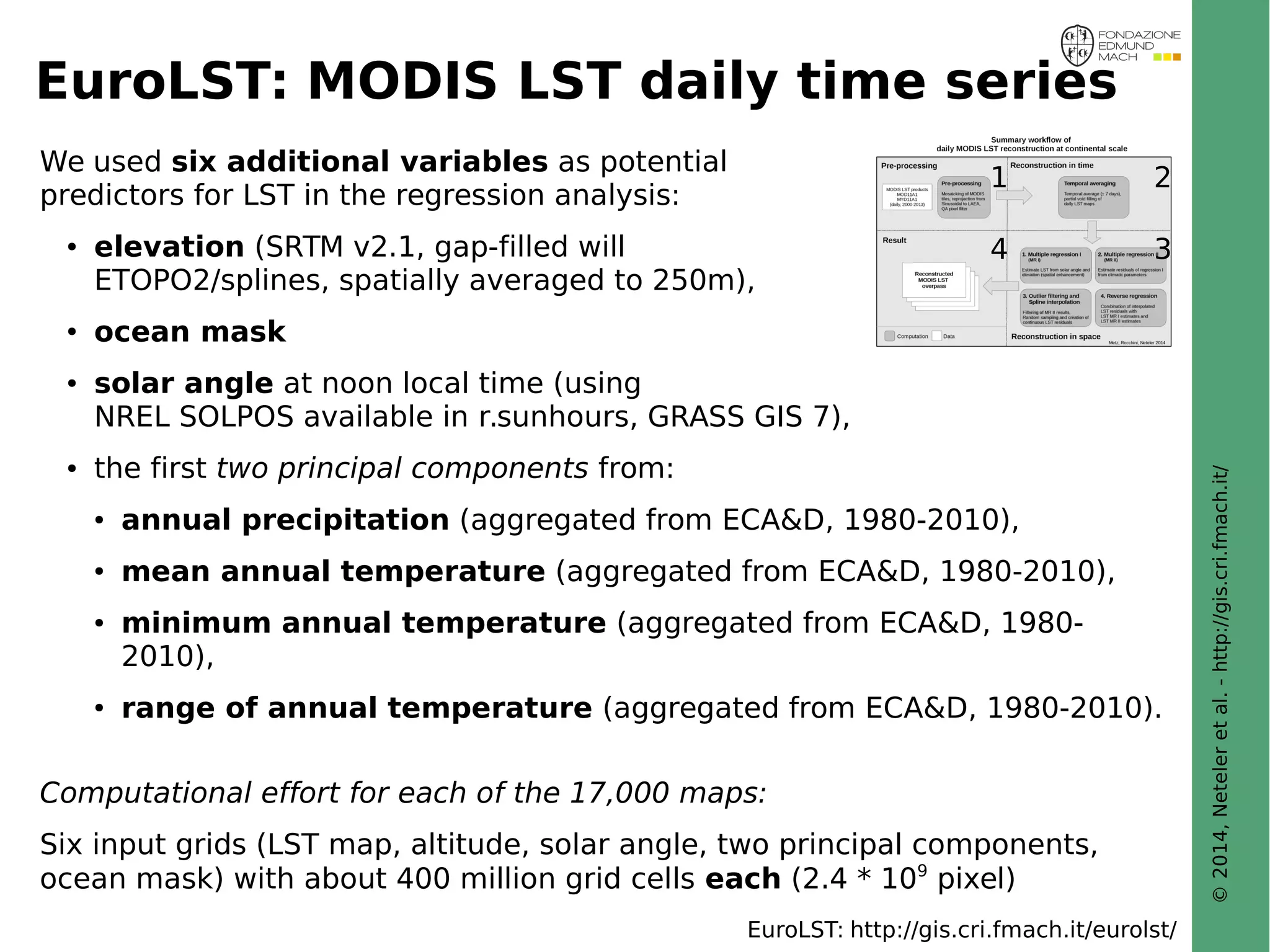 © 2014, Neteler et al. - http://gis.cri.fmach.it/ 
EuroLST: MODIS LST daily time series 
1 2 
4 3 
We used six additional variables as potential 
predictors for LST in the regression analysis: 
● elevation (SRTM v2.1, gap-filled will 
ETOPO2/splines, spatially averaged to 250m), 
● ocean mask 
● solar angle at noon local time (using 
NREL SOLPOS available in r.sunhours, GRASS GIS 7), 
● the first two principal components from: 
● annual precipitation (aggregated from ECA&D, 1980-2010), 
● mean annual temperature (aggregated from ECA&D, 1980-2010), 
● minimum annual temperature (aggregated from ECA&D, 1980- 
2010), 
● range of annual temperature (aggregated from ECA&D, 1980-2010). 
Computational effort for each of the 17,000 maps: 
Six input grids (LST map, altitude, solar angle, two principal components, 
ocean mask) with about 400 million grid cells each (2.4 * 109 pixel) 
EuroLST: http://gis.cri.fmach.it/eurolst/ 
 