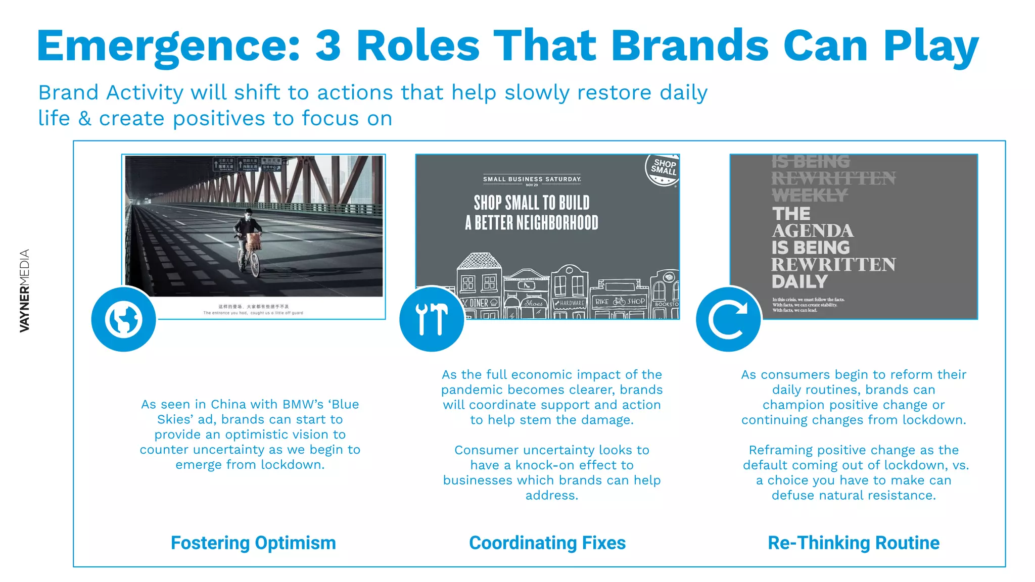 Emergence: 3 Roles That Brands Can Play
Brand Activity will shift to actions that help slowly restore daily
life & create positives to focus on
Re-Thinking RoutineCoordinating FixesFostering Optimism
As seen in China with BMW’s ‘Blue
Skies’ ad, brands can start to
provide an optimistic vision to
counter uncertainty as we begin to
emerge from lockdown.
As the full economic impact of the
pandemic becomes clearer, brands
will coordinate support and action
to help stem the damage.
Consumer uncertainty looks to
have a knock-on effect to
businesses which brands can help
address.
As consumers begin to reform their
daily routines, brands can
champion positive change or
continuing changes from lockdown.
Reframing positive change as the
default coming out of lockdown, vs.
a choice you have to make can
defuse natural resistance.
 