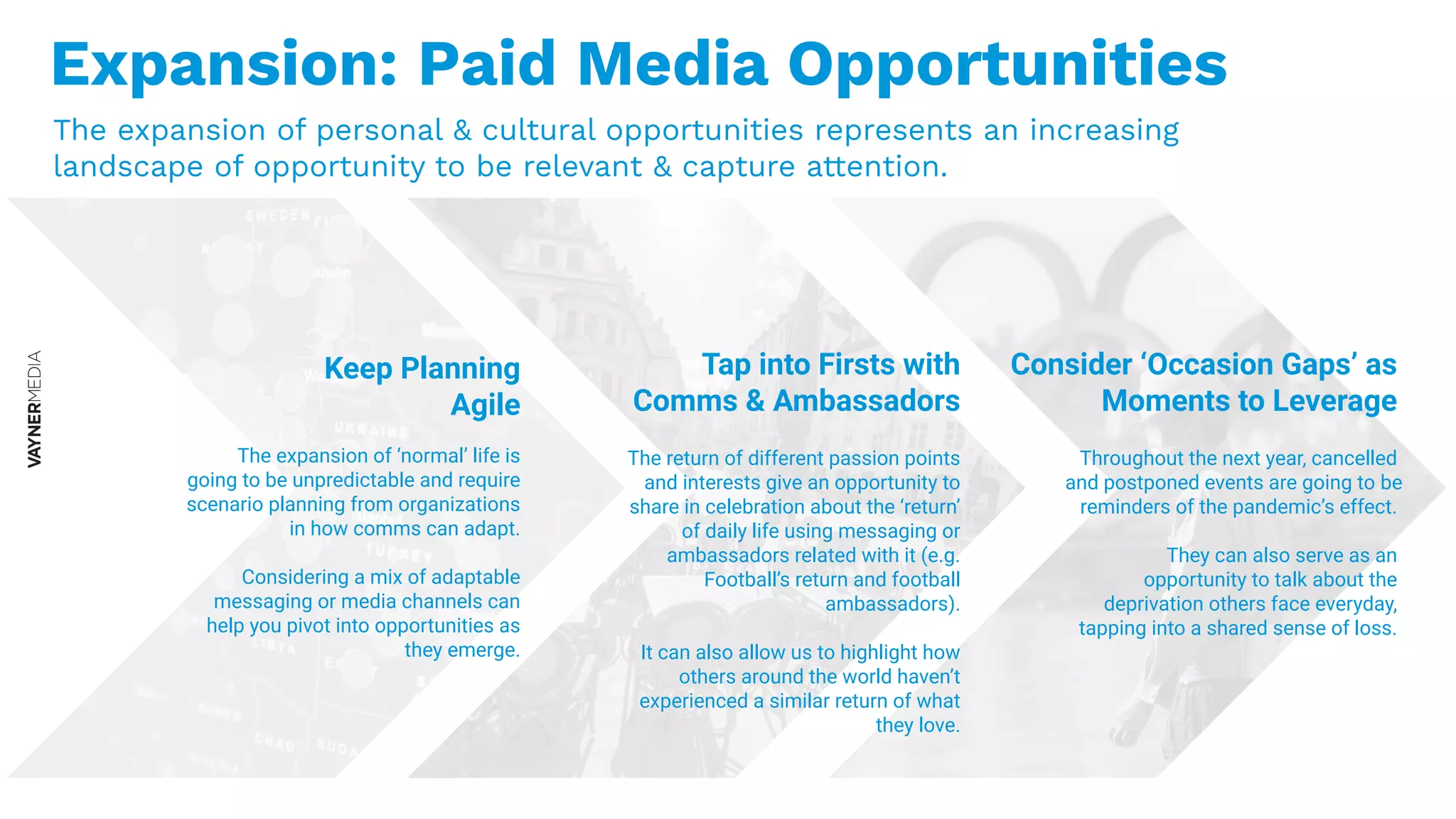 Expansion: Paid Media Opportunities
The expansion of personal & cultural opportunities represents an increasing
landscape of opportunity to be relevant & capture attention.
Keep Planning
Agile
The expansion of ‘normal’ life is
going to be unpredictable and require
scenario planning from organizations
in how comms can adapt.
Considering a mix of adaptable
messaging or media channels can
help you pivot into opportunities as
they emerge.
Tap into Firsts with
Comms & Ambassadors
The return of different passion points
and interests give an opportunity to
share in celebration about the ‘return’
of daily life using messaging or
ambassadors related with it (e.g.
Football’s return and football
ambassadors).
It can also allow us to highlight how
others around the world haven’t
experienced a similar return of what
they love.
Consider ‘Occasion Gaps’ as
Moments to Leverage
Throughout the next year, cancelled
and postponed events are going to be
reminders of the pandemic’s effect.
They can also serve as an
opportunity to talk about the
deprivation others face everyday,
tapping into a shared sense of loss.
 