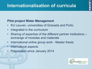 Internationalisation of curricula
Pilot project Water Management
• KU Leuven, universities of Granada and Porto
• Integrated in the curriculum
• Sharing of expertise of the different partner institutions –
exchange of modules and materials
• International online group work - Master thesis
• Intercultural aspects
• Preparation since January 2014
 