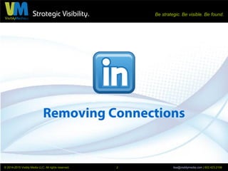 Strategic Visibility. Be strategic. Be visible. Be found.
© 2014-2015 Visibly Media LLC. All rights reserved. lisa@visiblymedia.com | 602.423.21062
Removing Connections
At this time you cannot remove a connection
from a mobile device.
 
