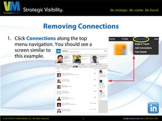 Strategic Visibility. Be strategic. Be visible. Be found.
© 2014-2015 Visibly Media LLC. All rights reserved. lisa@visiblymedia.com | 602.423.21063
Removing Connections
1. Click Connections along the top
menu navigation. You should see a
screen similar to
this example.
 