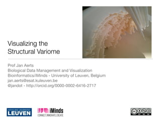 Visualizing the
Structural Variome
Prof Jan Aerts
Biological Data Management and Visualization
Bioinformatics/iMinds - University of Leuven, Belgium
jan.aerts@esat.kuleuven.be
@jandot - http://orcid.org/0000-0002-6416-2717
 