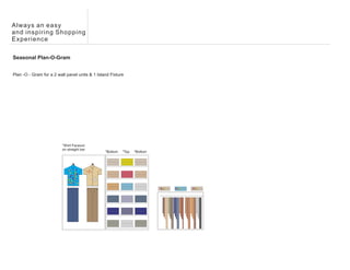 Always an easy
and inspiring Shopping
Experience

Seasonal Plan-O-Gram


Plan -O - Gram for a 2 wall panel units & 1 Island Fixture




                         *Shirt Faceout
                         on straight bar
                                                *Bottom   *Top   *Bottom
 