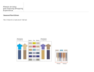 Always an easy
and inspiring Shopping
Experience

Seasonal Plan-O-Gram


Plan -O-Gram for a 3 wall units & 1 Half rack




                         *Shirt Faceout                                    *Shirt Faceout
                         on straight bar                                   on straight bar
                                                *Bottom   *Top   *Bottom




                                                                                             *Design1   *Design 2
 