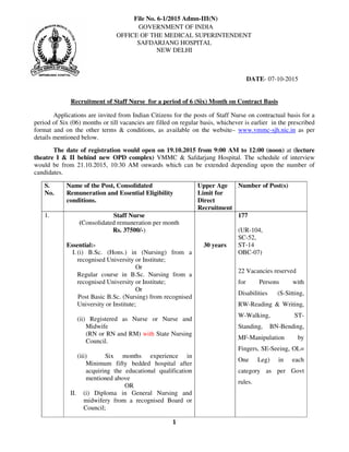 1
File No. 6-1/2015 Admn-III(N)
GOVERNMENT OF INDIA
OFFICE OF THE MEDICAL SUPERINTENDENT
SAFDARJANG HOSPITAL
NEW DELHI
DATE- 07-10-2015
Recruitment of Staff Nurse for a period of 6 (Six) Month on Contract Basis
Applications are invited from Indian Citizens for the posts of Staff Nurse on contractual basis for a
period of Six (06) months or till vacancies are filled on regular basis, whichever is earlier in the prescribed
format and on the other terms & conditions, as available on the website– www.vmmc-sjh.nic.in as per
details mentioned below.
The date of registration would open on 19.10.2015 from 9:00 AM to 12:00 (noon) at (lecture
theatre I & II behind new OPD complex) VMMC & Safdarjang Hospital. The schedule of interview
would be from 21.10.2015, 10:30 AM onwards which can be extended depending upon the number of
candidates.
S.
No.
Name of the Post, Consolidated
Remuneration and Essential Eligibility
conditions.
Upper Age
Limit for
Direct
Recruitment
Number of Post(s)
1. Staff Nurse
(Consolidated remuneration per month
Rs. 37500/-)
Essential:-
I. (i) B.Sc. (Hons.) in (Nursing) from a
recognised University or Institute;
Or
Regular course in B.Sc. Nursing from a
recognised University or Institute;
Or
Post Basic B.Sc. (Nursing) from recognised
University or Institute;
(ii) Registered as Nurse or Nurse and
Midwife
(RN or RN and RM) with State Nursing
Council.
(iii) Six months experience in
Minimum fifty bedded hospital after
acquiring the educational qualification
mentioned above
OR
II. (i) Diploma in General Nursing and
midwifery from a recognised Board or
Council;
30 years
177
(UR-104,
SC-52,
ST-14
OBC-07)
22 Vacancies reserved
for Persons with
Disabilities (S-Sitting,
RW-Reading & Writing,
W-Walking, ST-
Standing, BN-Bending,
MF-Manipulation by
Fingers, SE-Seeing, OL=
One Leg) in each
category as per Govt
rules.
 