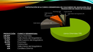 PARTICIPACIÓN DE LA CUENCA SEDIMENTARIA DEL VALLE MEDIO DEL MAGDALENA EN LA
PRODUCCIÓN DE CRUDO EN COLOMBIA
Llanos Orientales 73%
Valle Medio del Magdalena 14%
Valle Superior
del
Magdalena 9%
Putumayo 4% Catatumbo 0%
Valle Inferior del Magdalena 0%
PRODUCCIÓN CUENCA SEDIMENTARIA
648.859 Llanos Orientales
126.023 Valle Medio del Magdalena
76.069 Valle Superior del Magdalena
38.390 Putumayo
3.248 Catatumbo
658 Valle Inferior del Magdalena
634 Cordillera Oriental
 