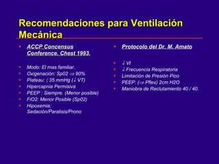 Recomendaciones para Ventilación Mecánica ACCP Concensus Conference. Chest 1993. Modo: El mas familiar. Oxigenación: Sp02    90% Plateau:    35 mmHg (   VT) Hipercapnia Permisiva PEEP : Siempre. (Menor posible) FiO2: Menor Posible (Sp02) Hipoxemia; Sedación/Paralisis/Prono Protocolo del Dr. M. Amato    Vt    Frecuencia Respiratoria Limitación de Presión Pico PEEP: (   Pflex) 2cm H2O Maniobra de Reclutamiento 40 / 40. 