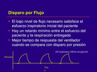 Disparo por Flujo El bajo nivel de flujo necesario satisface el esfuerzo inspiratorio inicial del paciente  Hay un retardo mínimo entre el esfuerzo del paciente y la respiración entregada  Mejor tiempo de respuesta del ventilador cuando se compara con disparo por presión  All inspiratory efforts recognized Time Pressure 