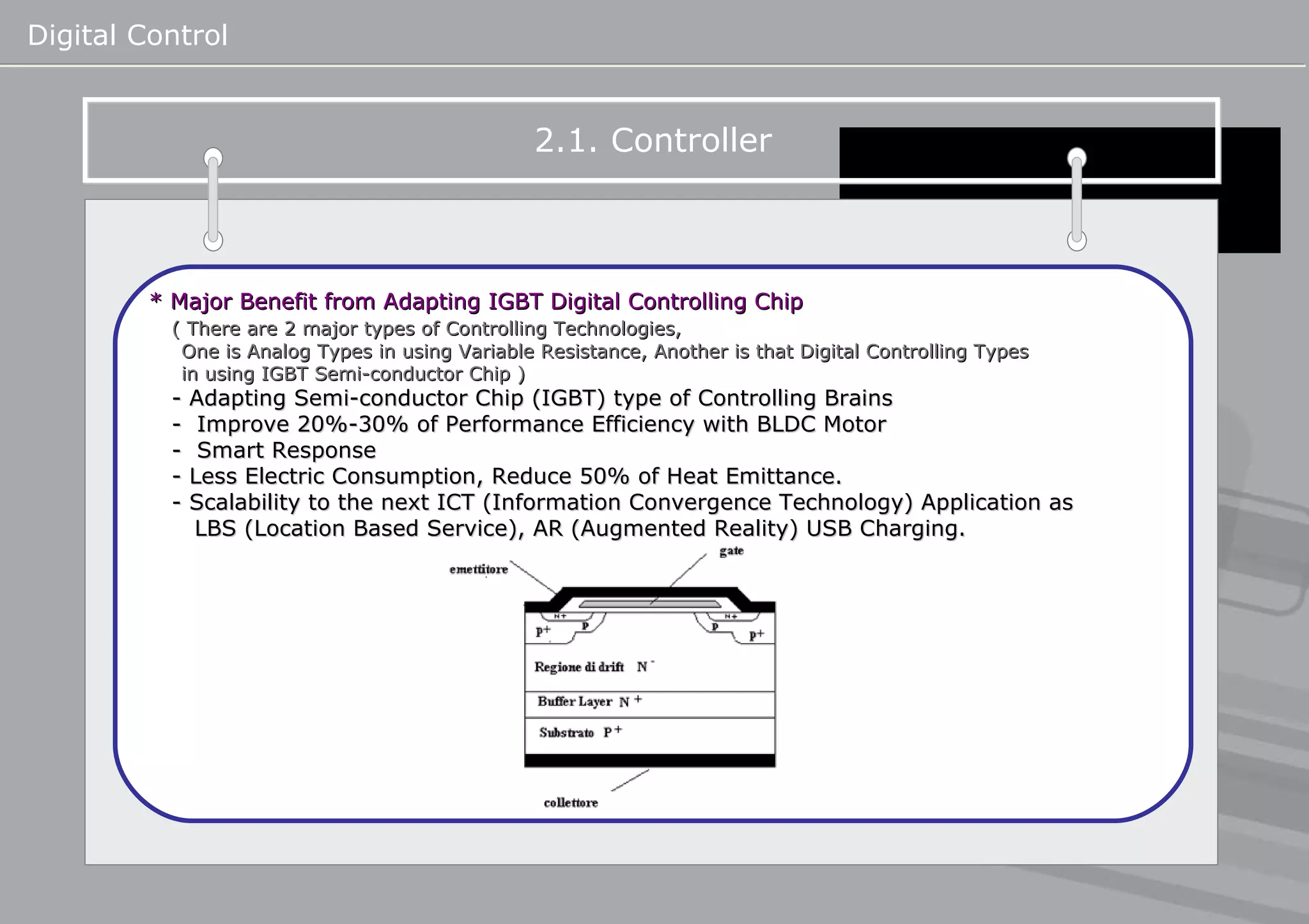 Digital Control * Major Benefit from Adapting IGBT Digital Controlling Chip ( There are 2 major types of Controlling Technologies,  One is Analog Types in using Variable Resistance, Another is that Digital Controlling Types  in using IGBT Semi-conductor Chip ) - Adapting Semi-conductor Chip (IGBT) type of Controlling Brains  -  Improve 20%-30% of Performance Efficiency with BLDC Motor  -  Smart Response - Less Electric Consumption, Reduce 50% of Heat Emittance. - Scalability to the next ICT (Information Convergence Technology) Application as  LBS (Location Based Service), AR (Augmented Reality) USB Charging.      2.1. Controller   