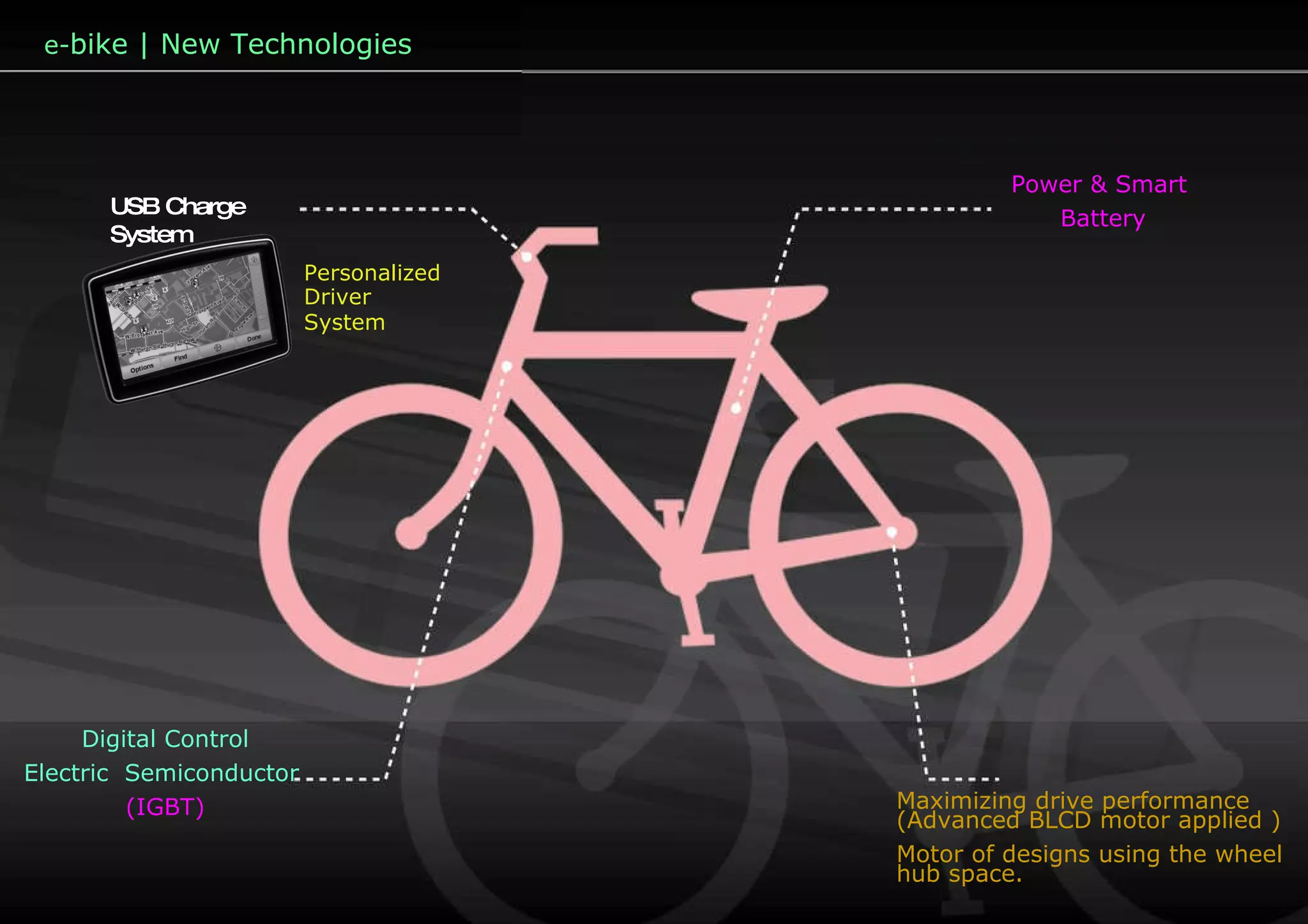 e- bike | New Technologies USB Charge System Digital Control Electric  Semiconductor   (IGBT) Power & Smart  Battery Maximizing drive performance (Advanced BLCD motor applied ) Motor of designs using the wheel hub space. Personalized  Driver  System   